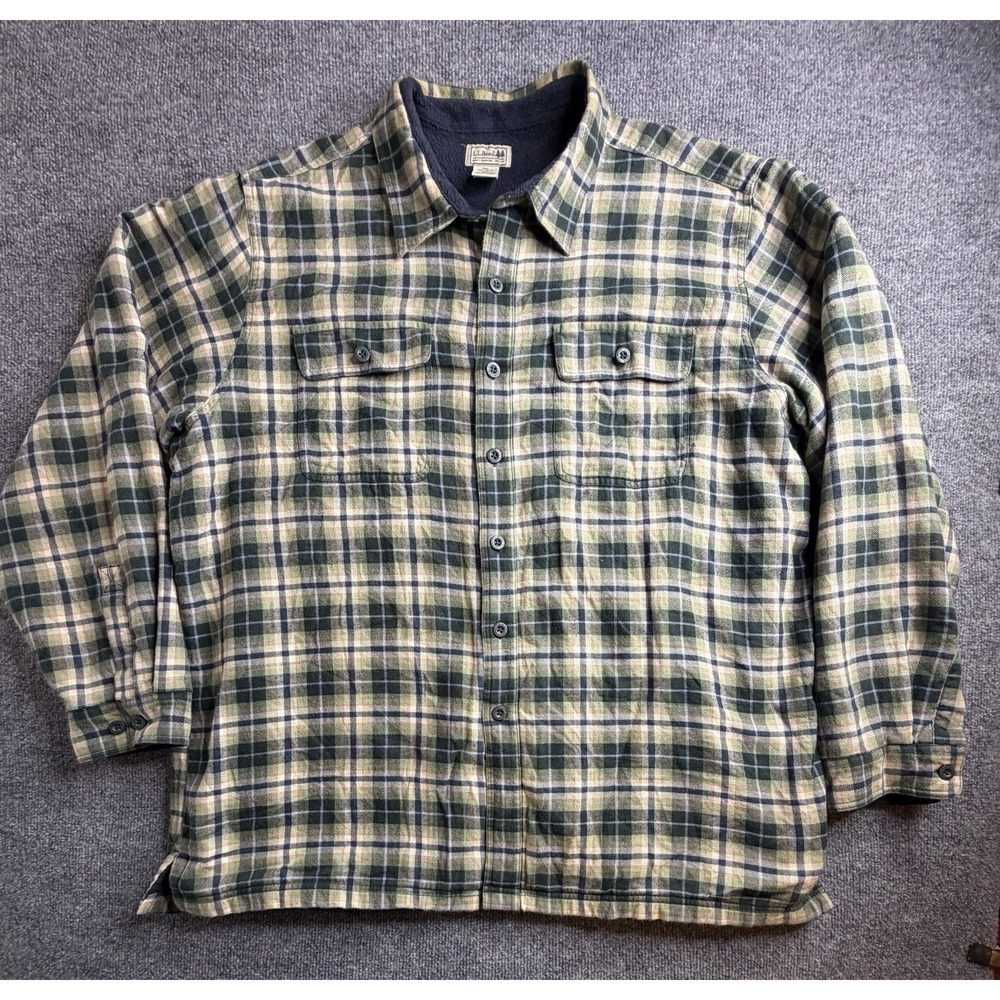 LL Bean Men's Fleece‎ Lined Flannel Shirt XXL Regular Blue Plaid Green Cotton